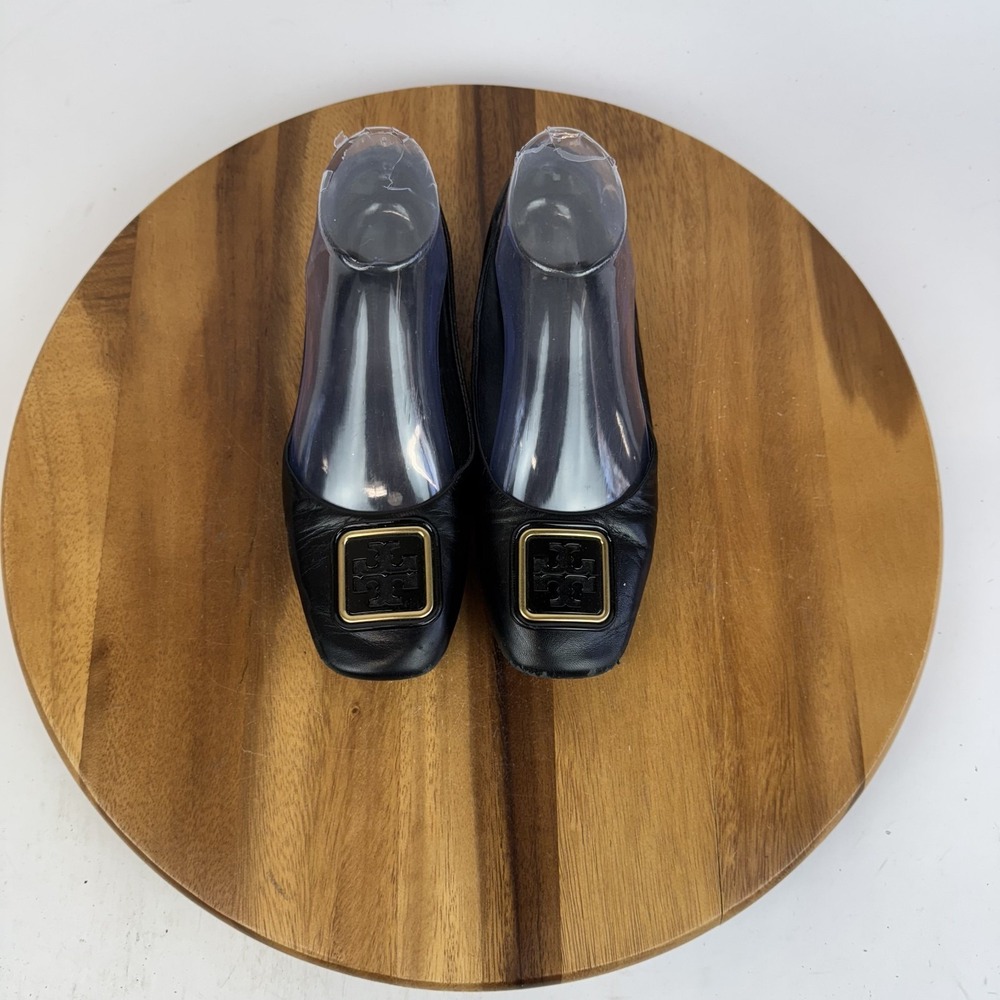 Womens Tory Burch Georgia Square Toe Black Leather T Buckle Ballet Flats Size 7